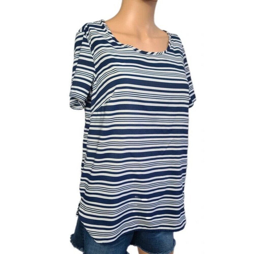 Faded Glory Blue White Striped Short Sleeve Top Small 4/6 Curved Hem blouse
